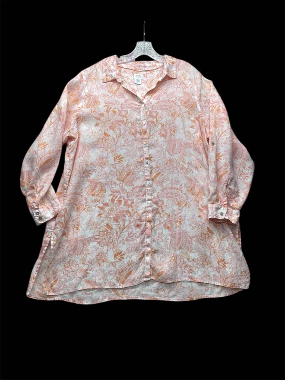 Sigrid Olsen 2X 100% Linen Button Down Pink Orange Floral Blouse/Top Casual Flow